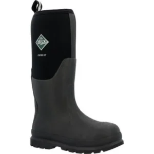A black muck boot with a logo on the side.