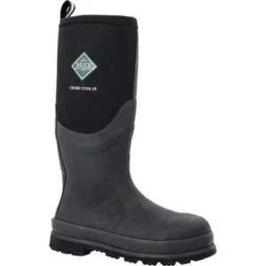 A black muck boot with a logo on the side.