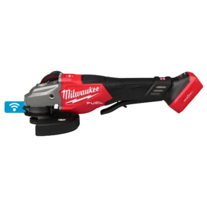 A red and black angle grinder is on the floor