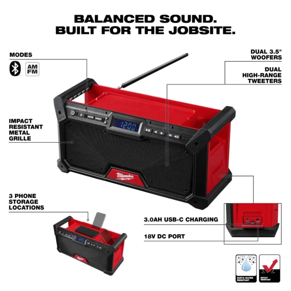 A diagram of the features of a portable jobsite radio.