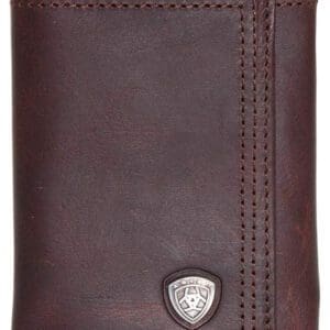 A brown wallet with a silver shield on the front.