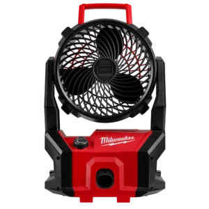 A red and black fan is on the side of a wall.