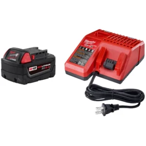 A red and black battery charger with a power cord.