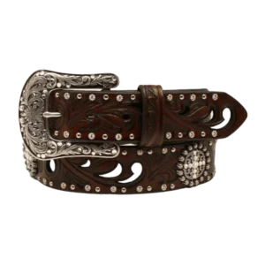 A brown leather belt with silver conchos and rivets.
