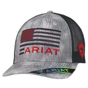 A gray hat with an american flag on it.