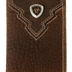 A brown wallet with an emblem on the front.