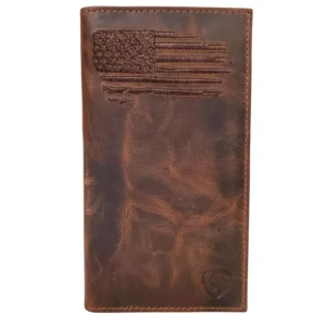 A brown leather wallet with an american flag on it.