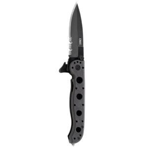 Black folding knife with serrated blade.