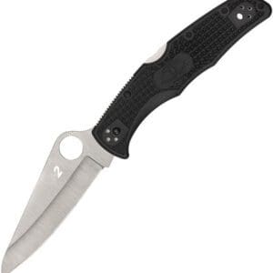 Folding knife with black textured handle.