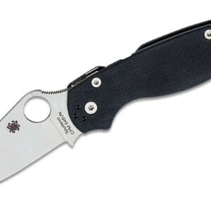 Folding knife with black handle and blade.