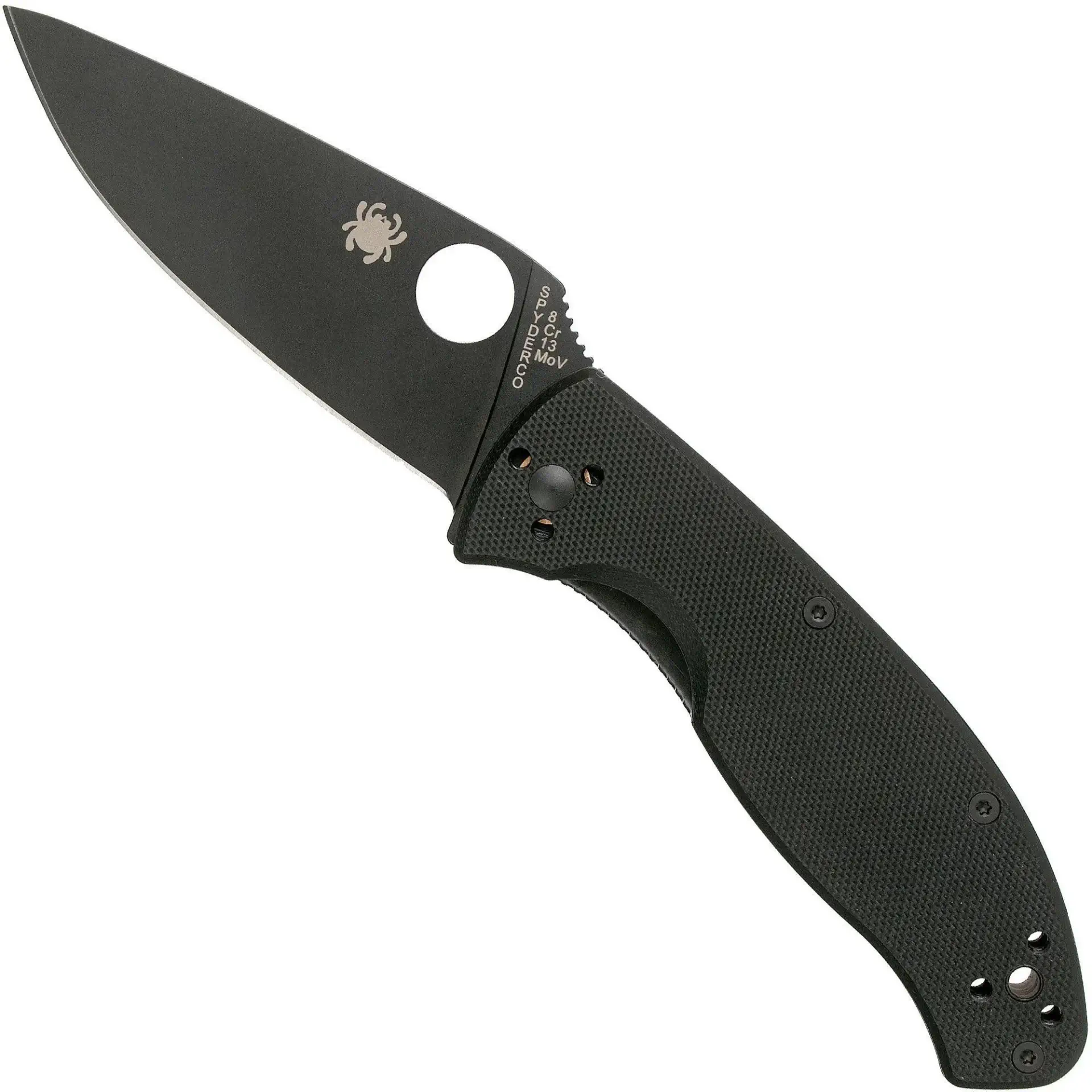 Black folding knife with textured handle.