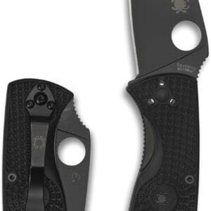 Black folding knife with textured handle.