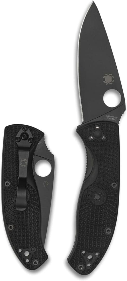 Black folding knife with textured handle.