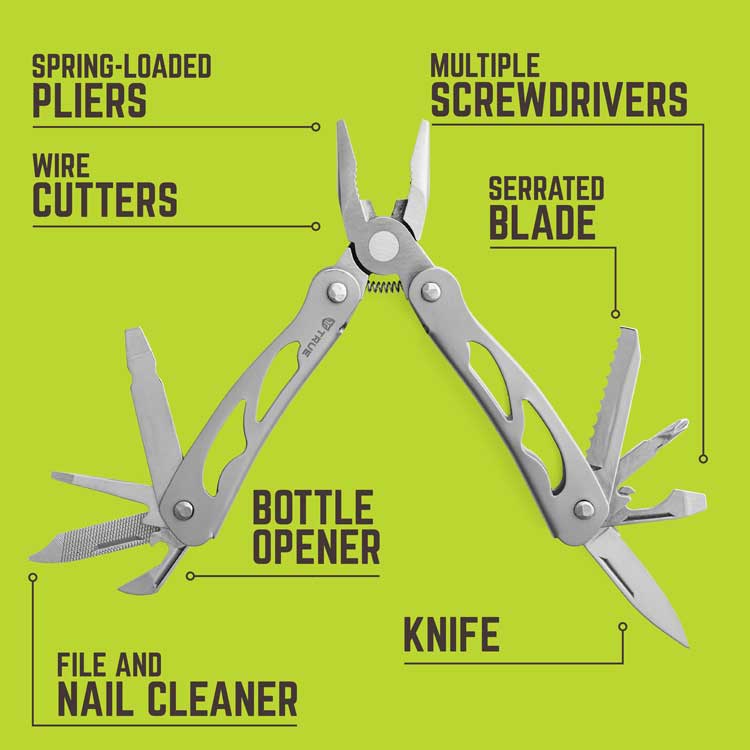 Multitool with pliers, knife, and screwdrivers