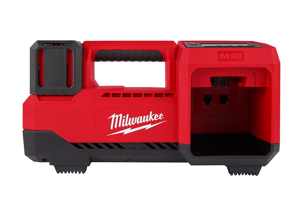 A red and black tool box with a power drill