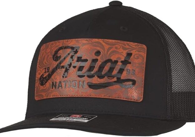 A black hat with a brown patch on it