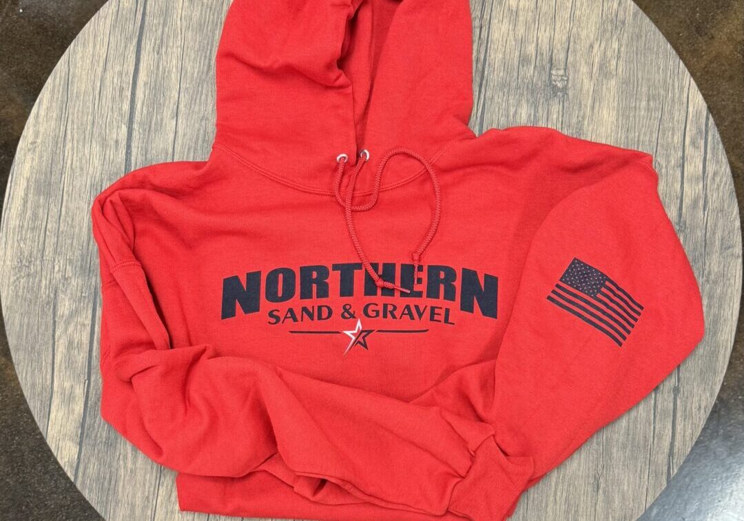 A red hooded sweatshirt with the words " northern american ".