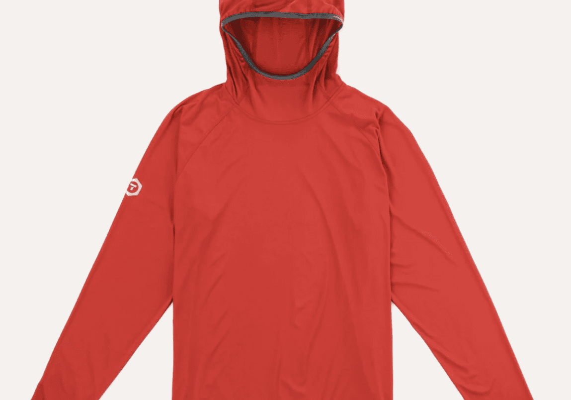 A red hooded shirt with a face mask on the hood.